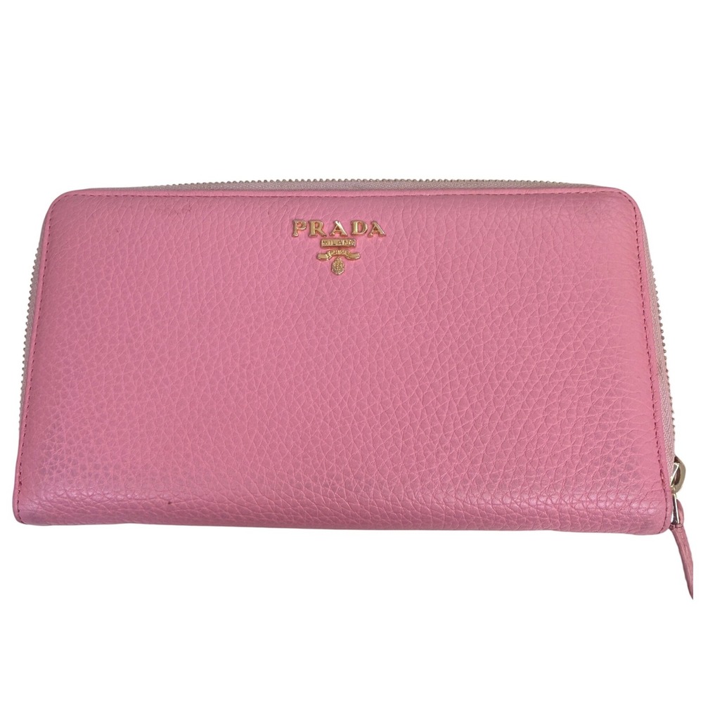 Authentic Prada Peonia Pink Vitello Phenix Zip-Around Pebbled Wallet Gold Logo
